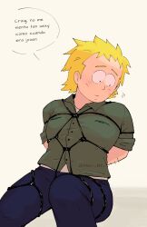 aged_up blonde_hair blush bondage dialogue dilf embarrassed fully_clothed human looking_away male meri_ny_ no_irises south_park south_park:_post_covid spanish_text tied_up tweek_tweak