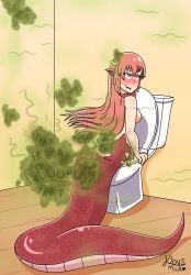 apode ass blush draconcopode fart fart_cloud fart_fetish female female/female hair hi_res humanoid klovs lamia legless miia_(monster_musume) monster_girl_(genre) monster_musume nude red_hair relieved reptile scalie serpentine smile snake solo split_form toilet toilet_use yellow_eyes