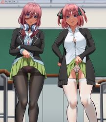 2girls angry ass_visible_through_thighs black_legwear blue_eyes bra_visible_through_clothes disgusted female female_only go-toubun_no_hanayome hair_ribbon headphones headphones_around_neck highres keisuke_aero knees_together_feet_apart legwear looking_at_viewer looking_down medium_hair multiple_girls nakano_miku nakano_nino panties panties_visible_through_clothing pantyhose picot-trimmed_bra picot_trim pink_hair pink_panties presenting pussy_juice pussy_juice_drip school_uniform schoolgirl shirt short_hair sisters skirt skirt_lift skirt_lifted_by_self standing stockings unbuttoned underwear white_legwear white_panties worried