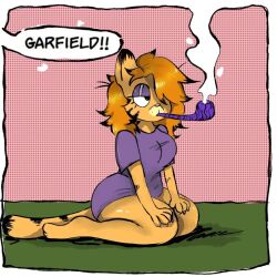 anthro big_ass big_belly big_breasts big_butt cat_ears cat_humanoid cat_tail chubby chubby_female clothed clothing colored_background domestic_cat english_text eyeshadow felid feline female female_only furry garfield_(series) garfield_the_cat gothfield hair_over_one_eye half-closed_eyes mammal meme rule_63 shysun_nsfw smoking smoking_pipe text text_bubble