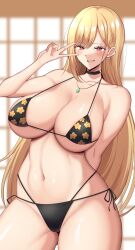 1girls 2020s 2022 bikini black_bikini blonde_hair blush breasts choker ear_piercing female female_only flower_pattern gyaru hi_res hips huge_breasts indoors kitagawa_marin long_hair necklace peace_sign red_eyes side-tie_bikini slim_waist smile sono_bisque_doll_wa_koi_wo_suru tanaken thick_thighs thighs wide_hips