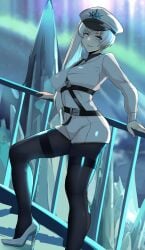 2022 blue_eyes hat heels lainart looking_at_viewer negative_weiss pantyhose ponytail rwby rwby_ice_queendom smirk tight_clothing weiss_schnee white_hair