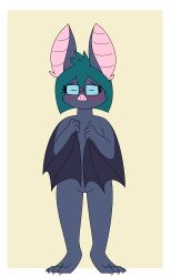 absurd_res anthro blush chiropteran eyewear female genitals glasses hi_res mammal microchiropteran nude pencil_bolt phyllostomid pussy solo sonarine_(pencil_bolt) standing vampire_bat yangochiropteran