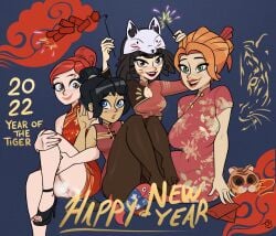 4girls akita_(ninjago) black_hair blue_eyes brown_eyes eyebrow_piercing female female_only green_eyes high_heels koko_(ninjago) lego lipstick looking_at_viewer lunar_new_year mole mole_under_eye multiple_girls new_year ninjago no_panties nya_(ninjago) open_toe_shoes orange_hair piercing pussy pussy_visible_through_clothes red_hair secrets_of_the_forbidden_spinjitzu:_ice_chapter_(ninjago) secrets_of_the_forbidden_spinjitzu_(ninjago) skylor_(ninjago) the_lego_ninjago_movie tights tobiart tournament_of_elements_(ninjago) year_of_the_tiger