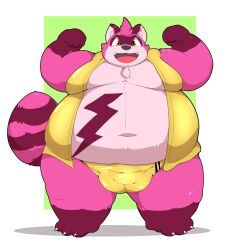 1boy 2022 anthro balls_outline belly bulge canid canine clothing genital_outline hi_res kemono kusosensei male male_only mammal moobs obese obese_male overweight overweight_male pink_body raccoon_dog simple_background solo speedo swimwear tanuki