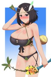 1girls alternate_breast_size alternate_costume arrow_(projectile) ass_visible_through_thighs bare_thighs big_breasts bikini black_eyes black_fur blush bow_(weapon) breasts cleavage embarrassed feathers female_only fire_emblem fire_emblem_awakening fire_emblem_heroes green_bikini green_swimsuit hair_ornament huge_breasts large_breasts looking_at_viewer nervous nintendo noire_(fire_emblem) noire_(summer)_(fire_emblem) official_alternate_costume pibu short_hair solo swimsuit thighs weapon