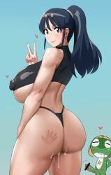 1boy 1girls after_sex aki_hinata areola_slip areolae ass breasts covered_nipples cum erect_nipples erection_under_clothes huge_ass huge_breasts keroro_gunsou kunaboto monster nipple_bulge penis ponytail slap_mark smile standing tagme thong underboob v venus_body