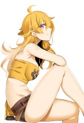 1girls 2022 bare_legs blonde_hair koko_shiguma long_hair looking_at_viewer purple_eyes rooster_teeth rwby short_shorts shorts sitting thighs very_long_hair wholesome yang_xiao_long