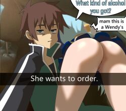 1boy 1girls aqua_(konosuba) ass ass_focus back_view big_ass blue_hair bottomless bottomless_skirt brown_hair dat_ass english_text eye_contact fat_ass female green_eyes he_wants_to_order kono_subarashii_sekai_ni_shukufuku_wo! leaning looking_at_viewer meme myahogao no_panties no_underwear nopan pawg pussy satou_kazuma selfie short_hair skirt smirk speech_bubble text text_box thick_thighs thighs