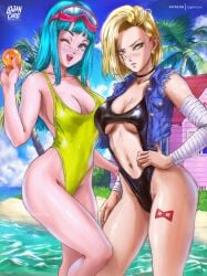 2girls alternate_version_available android_18 blonde blonde_hair blue_eyes cameltoe cleavage curvy dragon_ball erect_nipples female huge_areolae huge_ass huge_breasts logan_cure maron multiple_girls puffy_nipples short_hair thick_lips voluptuous wide_hips yellow_hair