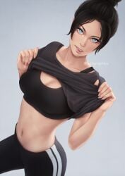 1girls 2d apex_legends belly_button biting_lip black_hair breasts cute female looking_at_viewer nose_piercing pinup realistic sex_slave showing_breasts small_breasts solo sports_bra sportswear spots tagme umigraphics white_eyes wraith_(apex_legends) yoga_pants