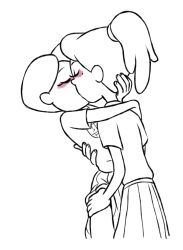 2girls amphibia blush closed_eyes dashx disney disney_channel disney_xd female female_only fully_clothed hand_on_head hand_on_thigh hugging kissing marcy_wu monochrome ponytail sasha_waybright school_uniform short_hair skirt_lift straight_hair yuri