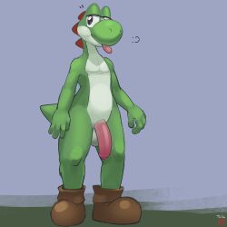 anthro balls biped boots boots_only clothing countershade_face countershade_torso countershading flaccid footwear footwear_only genitals green_body hi_res male male_only mario_(series) mostly_nude nintendo non-mammal_balls penis reptile scalie solo tala128 tongue tongue_out video_games yoshi yoshi_(character)