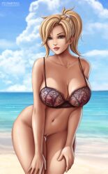 1girls artist_name ass_visible_through_thighs beach big_breasts blonde_hair bottomless bra breasts cleavage cropped_legs deviantart_username female female_focus female_only flowerxl hands_on_thighs large_breasts legs_together looking_at_viewer mercy navel nipples_visible_through_clothing no_panties overwatch ponytail solo standing thigh_gap thighs