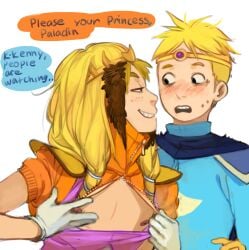 2boys blonde blonde_hair blush blush_lines blushing cape costume crossdressing exposed_nipples freckles gay gloves kenny_mccormick leopold_butters_stotch male_only nervous nipples paladain_butters princess_kenny smile smiling smirk south_park south_park:_the_stick_of_truth sweat sweatdrop text text_bubble yaoi