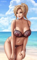 1girls artist_name ass_visible_through_thighs beach big_breasts blonde_hair breasts cleavage cropped_legs deviantart_username female female_focus female_only flowerxl hands_on_thighs large_breasts legs_together lingerie looking_at_viewer mercy navel overwatch ponytail solo standing thigh_gap thighs