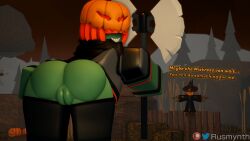 1girls 3d anus ass axe digital_media_(artwork) english_text green_skin headless_horseman jaxe pumpkin pussy red_hair roblox roblox_game robloxian rule_63 rusmynth sharp_teeth source_request tagme text tower_defense_simulator