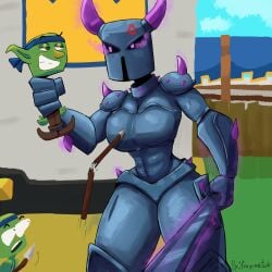 1girls 2boys annoyed annoyed_expression armor bedroom_eyes breasts clash_(series) clash_royale clothed clothed_female clothed_male clothing fully_clothed fully_clothed_female fully_clothed_male glowing_eyes goblin_(clash_royale) pekka_(clash_of_clans) pekka_(clash_royale) safe_for_work supercell