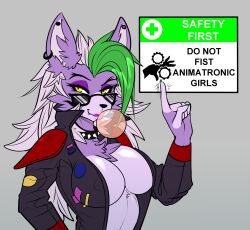 animatronic anthro black_glasses breasts bubble_gum claws clothed clothing collar ear_piercing earring five_nights_at_freddy's five_nights_at_freddy's:_security_breach furry furry_only jacket lipstick necklace notice_board open_clothes open_jacket phaser_automata purple_body purple_eyeshadow purple_lipstick purple_skin roxanne_wolf_(fnaf) smile solo spiked_collar spikes stripes teeth teeth_visible text two_tone_fur two_tone_hair warning_sign whiskers white_sclera wolf_ears wolf_girl wolf_humanoid yellow_eyes