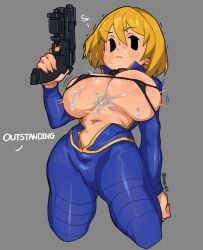 10mm_pistol areola areola_slip areolae big_breasts bikini black_eyes blonde_hair blush breasts collar cum cum_on_breasts explosive_collar fallout female firearm grey_background gun handgun human large_breasts looking_at_viewer micro_bikini mob_face navel pale_skin short_hair simple_background slave_collar solo solo_female vault_girl vault_suit waa153 weapon