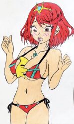 1girls alternate_costume big_thighs bikini blush breasts cleavage clothing crossover dcb2art eyebrows_visible_through_hair female light-skinned_female light_skin looking_down looking_down_at_another luma mario_(series) nintendo nipples_visible_through_clothing open_mouth pyra red_eyes red_hair short_hair solo string_bikini super_mario_galaxy swimsuit thick thick_hips thick_thighs white_background wide_hips xenoblade_(series) xenoblade_chronicles_2 yellow_skin