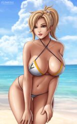 1girls artist_name ass_visible_through_thighs beach big_breasts bikini blonde_hair breasts cleavage cropped_legs deviantart_username female female_focus female_only flowerxl hands_on_thighs large_breasts legs_together looking_at_viewer mercy navel overwatch ponytail solo standing thick_thighs thigh_gap thighs