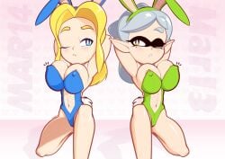 2girls alternate_breast_size alternate_costume blush bunny_ears bunnysuit crossover inkling maria_robotnik marie_(splatoon) nintendo nipple_outline sega sonic_(series) sonic_the_hedgehog_(series) splatoon supersegasonicss wink