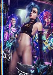 arcane arcane_caitlyn arcane_jinx arcane_vi blue_eyes bottomless caitlyn_kiramman eldervi innie_pussy jinx_(league_of_legends) league_of_legends pink_eyes pussy realistic shaved_pussy vi