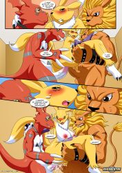 blush blushing comic cum cum_in_pussy cum_inside dialogue digihentai digimon digimon_(species) digimon_adventure digimon_tamers dirty_gamers double_penetration double_vaginal female guilmon leomon palcomix renamon veins veiny_arms veiny_penis