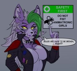 animatronic anthro breasts claws clothed clothing collar dark ear_piercing earring five_nights_at_freddy's five_nights_at_freddy's:_security_breach furry furry_only glowing_eyes good_stuff green_hair jacket jacket_open lipstick long_hair necklace notice_board open_clothes open_jacket phaser_automata purple_body purple_eyeshadow purple_lipstick purple_skin roxanne_wolf_(fnaf) smile spiked_collar spikes stripes tagme teeth teeth_visible text text_bubble two_tone_fur two_tone_hair warning_sign whiskers white_hair white_sclera wolf_ears wolf_girl wolf_humanoid