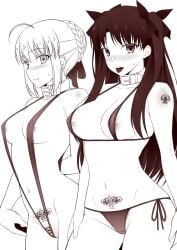 2girls artoria_pendragon bikini blush breasts collar fate/stay_night fate_(series) hips multiple_girls namidame necklace nipples nipples_visible_through_clothing pubic_tattoo saber sling_bikini tattoo tohsaka_rin waist