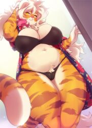 1girls anthro bra breast_squish buxbi buxbi_(character) cameltoe countershading curvaceous dress elbow_tufts female female_only fur furry furry_only legs_together looking_at_viewer orange_fur pantherine panties pink_highlights solo solo_female striped_fur tail thick_thighs tiger tiger_ears tiger_tail white_hair yellow_eyes