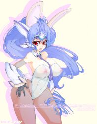 android animal_ears armor bare_shoulders blue_hair breasts bunny_ears bunnysuit circlet cleavage curvaceous english english_text erect_nipples fake_animal_ears female female_only gloves headgear hips huge_breasts kos-mos long_hair navel necktie necktie_between_breasts nipples open_mouth pantyhose ponytail red_eyes robot_ears see-through simple_background slugbox solo tied_hair very_long_hair wide_hips xenosaga