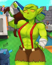 1girls 4boys aña aqua_sky bald bald_female beard boobs breasts brown_footwear brown_shorts carrying_over_shoulder clash_(series) clash_royale crown curvy cutoffs day daytime eye_contact eyes_popping_out genderbend genderbent genderswap goblin goblin_(clash_royale) goblin_cage_(clash_royale) goblin_female goblin_male green_body green_skin green_sky hand_on_hip hourglass_figure larger_female larger_female_smaller_male legs_together linea_alba looking_at_viewer mini_pekka_(clash_royale) muscular_female mustache navel outdoors pointy_ears pointy_nose red_suspenders rexus2828 rule63 rule_63 running_bond smile smirk standing stone_wall supercell suspenders unibrow