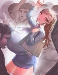 blush breast_press gigantic_breasts huge_breasts long_hair masamasa sweat tight_clothing