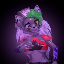 3d 3d_model amber_eyes animatronic anthro bracelet canid canine clothed clothing collar ear_piercing earrings fangs female female_only five_nights_at_freddy's five_nights_at_freddy's:_security_breach fnaf furry furry_only green_hair green_nails hair hand_on_breast long_hair looking_at_viewer nail_polish robot roxanne_wolf_(fnaf) roxanne_wolf_(terraxy) scottgames smile solo solo_female spiked_bracelet spiked_collar steel_wool_studios terraxy unknown_artist white_hair wolf