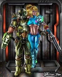 1boy 1girls arm_cannon armor asymmetrical_clothes athletic_female bandaged_arm bare_midriff biceps blonde_hair blue_eyes blue_greaves breasts crossover doom doom_slayer_(doom) double-barreled_shotgun eastern_and_western_character faceless_male female firearm futuristic futuristic_armor greaves green_armor green_greaves gun injury male metroid pauldron ponytail samus_aran shotgun shotgun_shell shoulder_armor super_shotgun toned_belly toned_body toned_stomach underboob weapon zero_suit zero_suit_samus