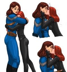 2022 2girls black_widow_(marvel) captain_carter catsuit female female_only flick flick-the-thief hugging kissing lesbian light-skinned_female marvel muscular_female natasha_romanoff peggy_carter red_hair size_difference surprised what_if...? white_background wholesome yuri