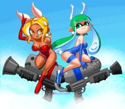 2girls akane_(parodius) blue_elbow_gloves blue_leotard blue_shoes boots breasts busty cleavage cosplay crossover dark-skinned_female dark_skin elbow_gloves fake_animal_ears fake_animal_tail fake_rabbit_ears female female_focus female_only green_eyes green_hair hikaru_(parodius) inkling inkling_girl kneeling konami leotard light-skinned_female light_skin minus8 nintendo octoling parodius playboy_bunny red_boots red_elbow_gloves red_leotard riding shoes splatoon tentacle_hair thigh_strap water_gun yellow_eyes yellow_hair