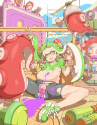 anus bangs bike_shorts blunt_bangs bondage censored edit female green_eyes green_hair headphones highres inkling inkling_girl long_hair mask navel nintendo nipples octarian open_mouth paint payot pregnant pussy rope shoes sitting small_breasts sneakers solo splatoon spread_legs squid super_soaker tenako tentacle_hair tied_hair torn_shorts twintails urethra