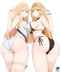 2022 2girls artist_logo artist_signature ass ass_focus bangs bikini black_bikini blonde_hair blush blushing breast_to_breast breasts bubble_butt crossover embarrassed female female_only gold_eyes gyaru hair_ornament hi_res hips huge_breasts kaos_art kitagawa_marin large_ass long_hair looking_back looking_over_shoulder mythra nintendo one-piece_swimsuit outfit_swap peace_sign png red_eyes side-tie_bikini simple_background slim_waist smile sono_bisque_doll_wa_koi_wo_suru swept_bangs thick_thighs thigh_gap thigh_strap thighs tiara very_high_resolution white_background white_swimsuit wide_hips xenoblade_(series) xenoblade_chronicles_2