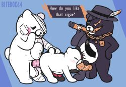 2021 anthro bandage bitebox64 cigarette danganronpa danganronpa_ultra_despair_girls dialogue fellatio genitals group group_sex kurokuma kurokuma_(danganronpa) machine male male/male mammal monokuma oral penile penis red_penis robot shirokuma_(danganronpa) simple_background smooth_skin spitroast threesome ursid watermark