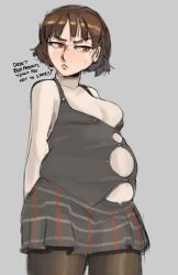 1girls annoyed atlus belly big_belly breasts brown_hair chubby cleavage clothed fat female justdavefnd leggings makoto_niijima megami_tensei overweight persona persona_5 red_eyes sega skirt sweat text thick_thighs tight_clothing turtleneck