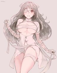 artist_name bandage_over_one_eye bandaged_arm bandages blush breasts chowbie cleavage cleavage_cutout clothing_cutout feet_out_of_frame female female grey_hair hat highres large_breasts long_hair looking_at_viewer nurse nurse_cap original sarashi solo thighs