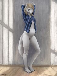 anthro bladder_bulge bottomless breasts canid canine canis clothed clothing difetra female fur genitals hair hands_behind_head hi_res looking_at_viewer mammal omorashi open_clothing open_shirt open_topwear pussy shirt simple_background smile solo topwear white_body wolf