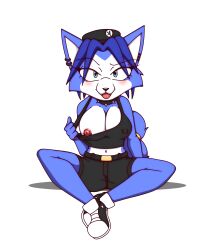 absurd_res anthro blue_body blue_fur blue_hair blush canid canine female flashing fox fur hair hi_res kcn krystal mammal nintendo nipple_outline nipples open_mouth sitting solo star_fox video_games