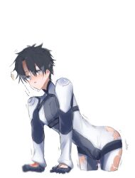 asukasua black_hair bodysuit bulge chaldea_combat_uniform command_spell fate/grand_order fujimaru_ritsuka_(male) grey_eyes male_only ripped_bodysuit ripped_clothing solo_male tagme