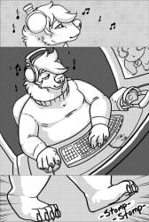 2022 allison_(danji-isthmus) anthro black_and_white comic computer_keyboard danji-isthmus duo feet female headphones hi_res keyboard male male/female mammal monochrome original original_character original_characters overweight overweight_male unnamed_character ursid