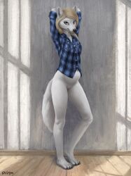 anthro bladder_bulge bottomless canid canine canis clothed clothing difetra female fur genitals hair hi_res looking_at_viewer mammal omorashi pussy shirt simple_background smile solo topwear white_body white_fur wolf