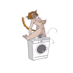 anthro breasts cat_ears dildo female large_breasts nude pussy pussy_juice sex_toy tail tailbox tongue_out washing_machine